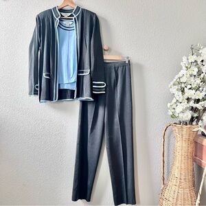 Ming Wang 3 Piece Pant Set with Jacket & Tank Size Small Knit Gray Blue